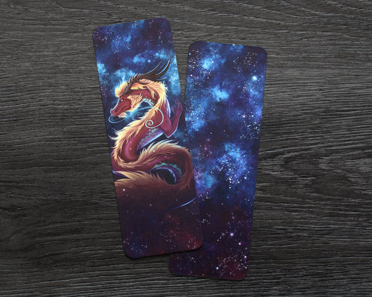 Bookmark of a red and gold eastern dragon on a blue space background